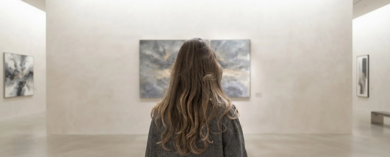 Yevheniia observing paintings